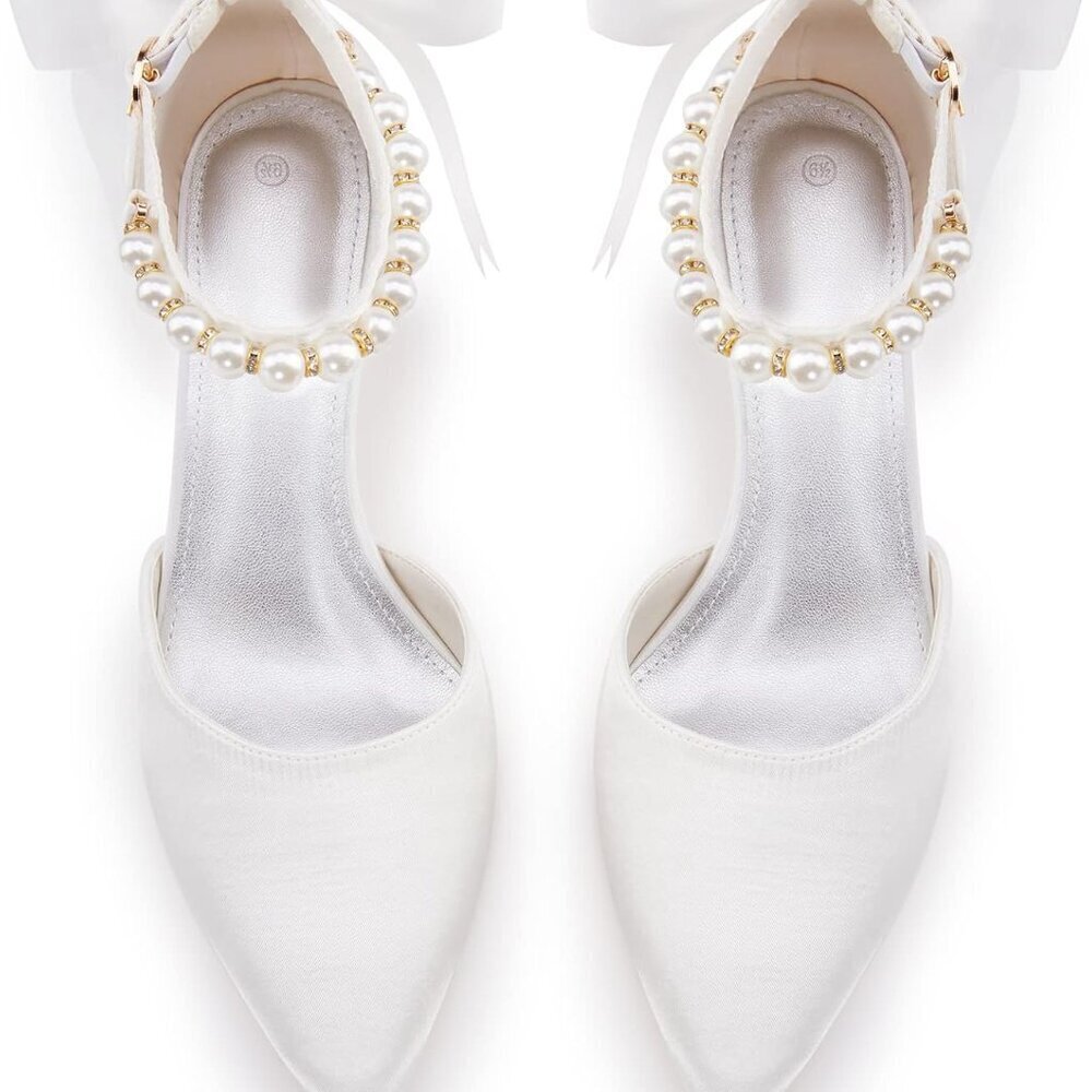Women's Satin Pearl Ankle Strap Pumps Low Kitten Heel Dress Shoes - Picture 5 of 5